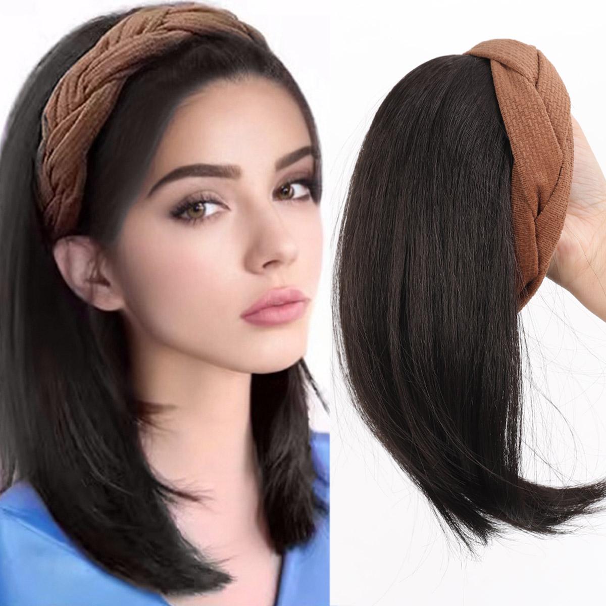 

Синтетическая короткая прямая повязка на голову с заколкой для полупарика для наращивания волос, пушистая натуральная накладная черно-коричневая шиньон с повязкой для волос 12inch