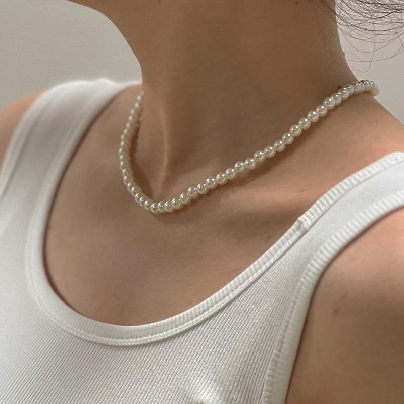 Pearl Necklace Female Gift Mother Glass Imitation Pearl White Round Bead Jewelry Cheongsam Accessories Collarbone Chain Neck Chain