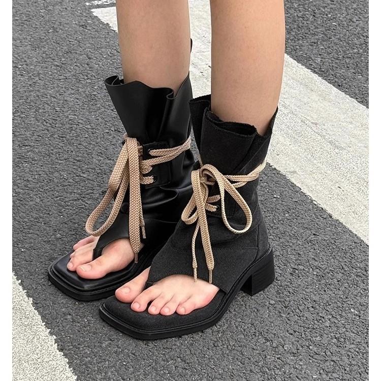 Retro square toe open toe herringbone cool boots 2025 new Spice Girl heightened thick-soled lace-up pants tube boots stacking boots