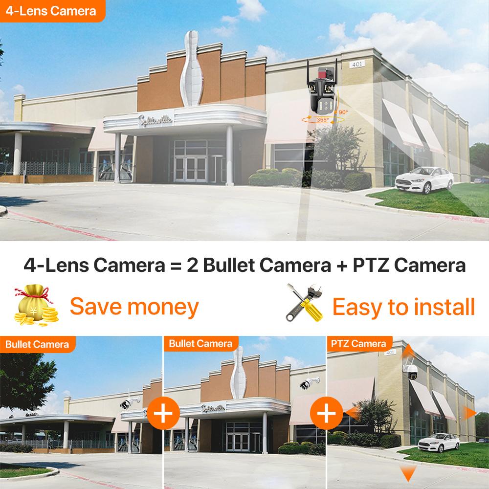 4K HD WIFI IP Camera 16MP 10X Hybrid Zoom Auto Tracking PTZ Camera Outdoor Four Lens Three Screen Security Cam 4K Surveillance