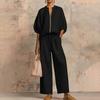 New Arrival Women's Casual Loose 2-Piece Set – Round Neck Zip-Up Top + Wide Leg Pants, Solid Color Loungewear Suit for Travel & Daily Wear