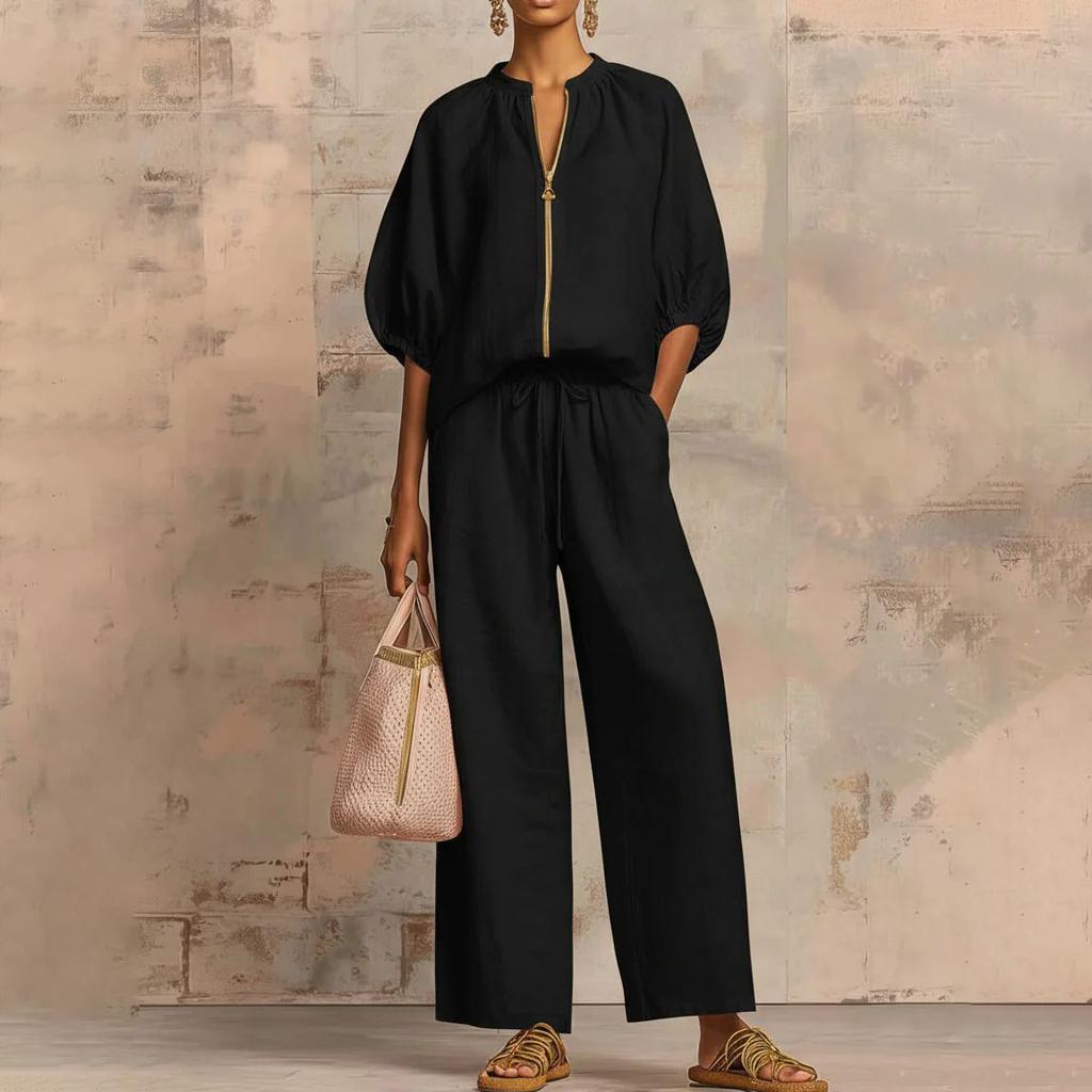 New Arrival Women's Casual Loose 2-Piece Set – Round Neck Zip-Up Top + Wide Leg Pants, Solid Color Loungewear Suit for Travel & Daily Wear