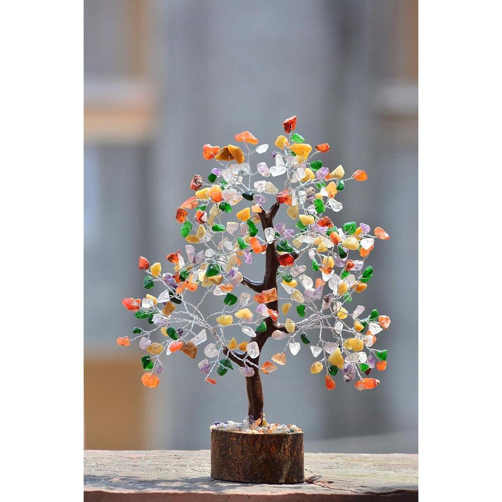 Crystals and Stones, Mix 7 Chakra Crystal Showpiece for Home Decor Decoration Bonsai Money Tree, Size 10-12 inches, Multicolor Silver Wire. 1 Piece