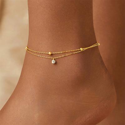 Kuziduocai 100% Stainless Steel New Fashion Jewelry 18K Gold-plated Minimalism 2-Layer Beading Zircon Charm Women Anklet Chain