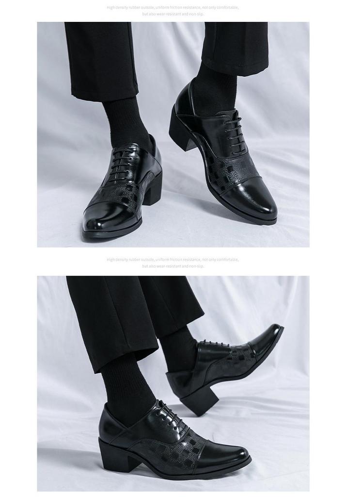 Men's Retro Leather High-Heeled Formal Shoes - Size 46, Pointed Toe, Low-Top, with Height Boost for Business or Wedding