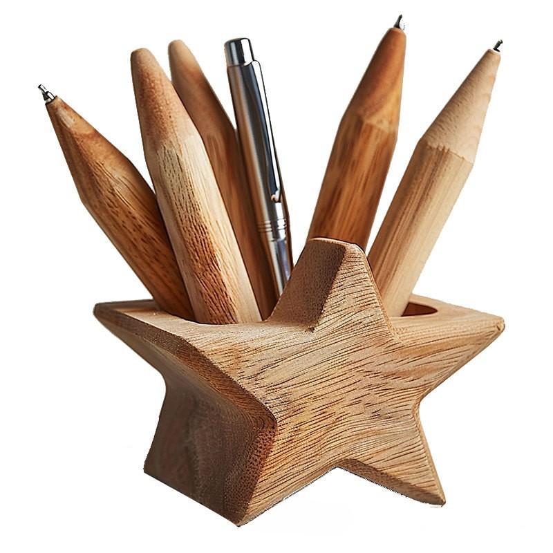 Wooden Pen Holder, Pentagram, Solid Wood Pen Holder, Office Desktop Storage Box, Desk Ornament, Wooden Handicrafts