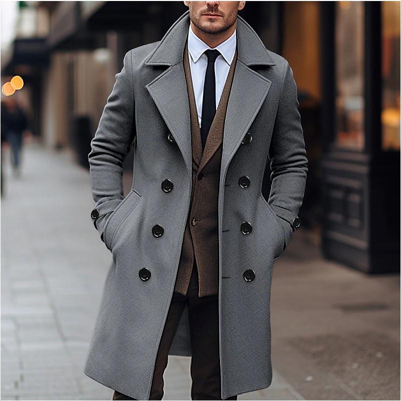 Men's Woolen Double-Breasted Mid-Length Trench Coat - European & American Fashion, Korean Style