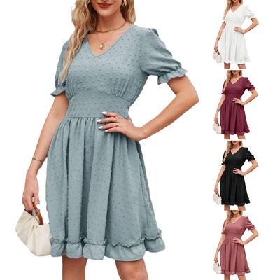 Women's Fashion Solid Colour V-Neck Waist Slimming Beach Casual Dresses