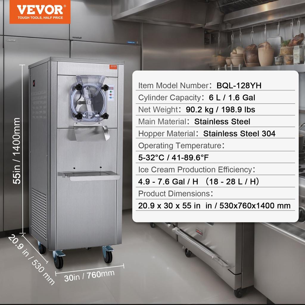 VEVOR Commercial Ice Cream Machine, 18 L/H Yield, 1600W Single Flavor Hard Serve Ice Cream Maker with Wheels, 6L Stainless Steel Cylinder