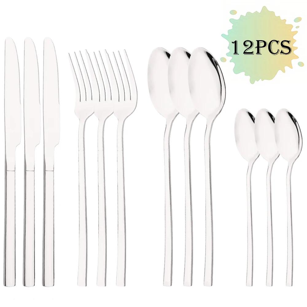 

Набор столовых приборов из белого золота, 12 предметов, Посуда из нержавеющей стали, Обеденный нож, Вилка, Кофейная ложка, Набор посуды, Кухонные столовые приборы, Серебро серебряный