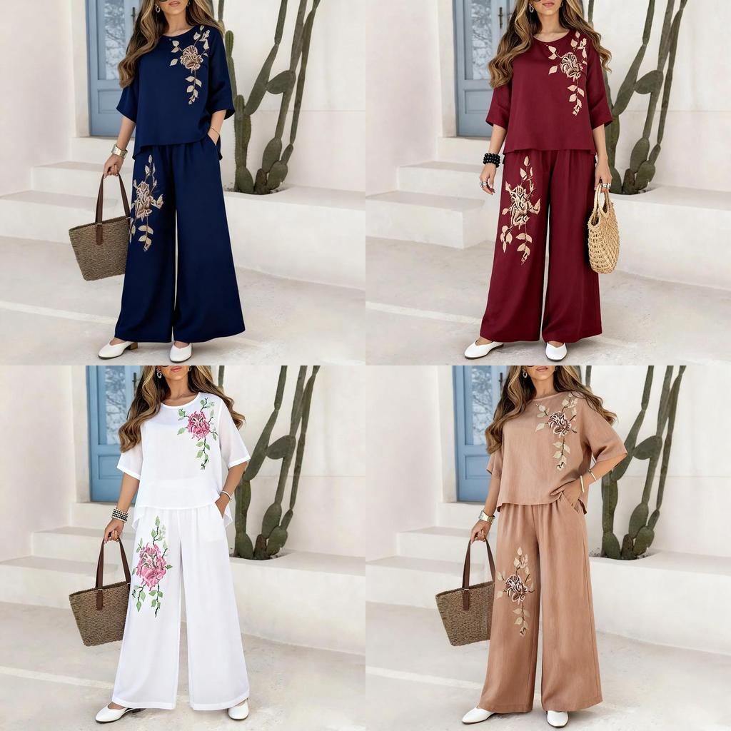Vintage Plant Embroidery Cotton Linen Casual Pants Set For Women Summer Streetwear