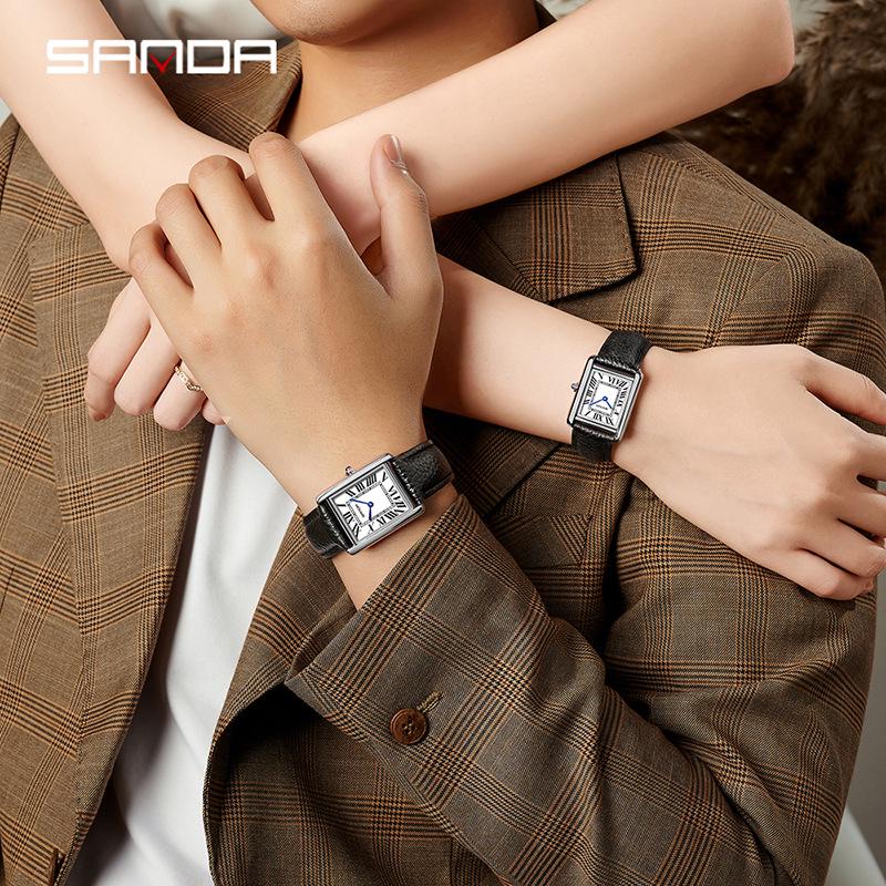 Montre à Quartz pour Femme Sanda, Petit Cadran, Chiffres Romains, Mode Étanche Rectangulaire, Design Couple.