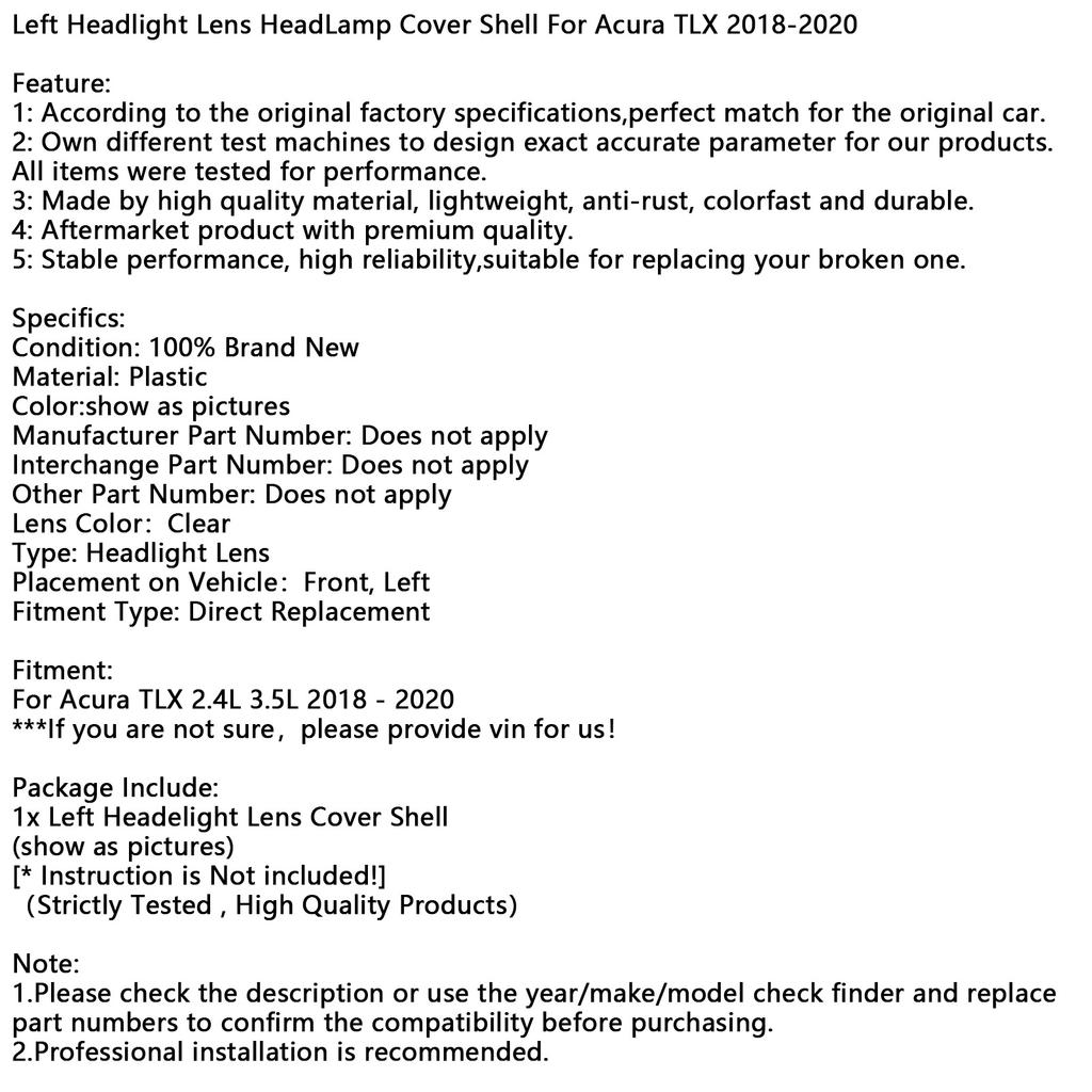 Left Headlight Lens HeadLamp Cover Shell For Acura TLX 2018-2020