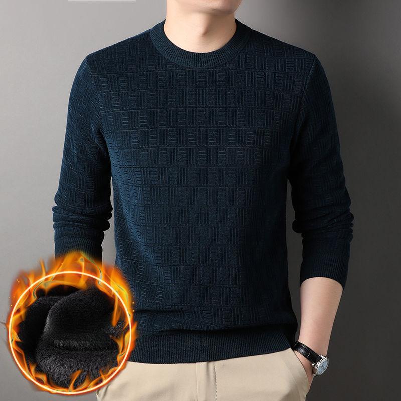 Fashion Business Plus Fleece Sweater Whisper England New Thicken Round Neck Men Thermal Knitted Solid Color Pullover Tops 2024