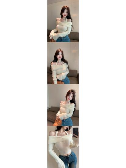 Women's Off-Shoulder Halter Neck Long-Sleeve Knitted Sweater – Slim Fit Short Style for Autumn & Winter