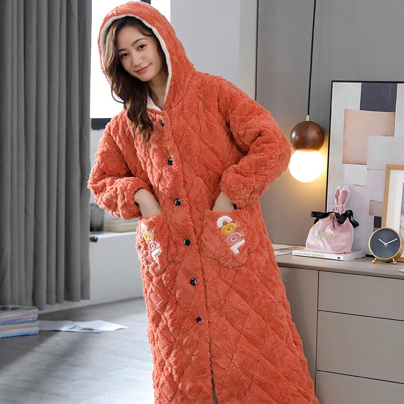 

Женский стеганый халат из кораллового флиса с капюшоном - Утепленный трехслойный, Длинная зимняя пижама 175(XXL) Recommended for 140-160 jin