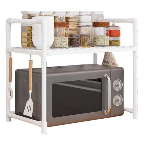Microwave Shelf, Microwave Rack - Countertop Organization Rack, Adjustable Countertop Utility Storage Rack with Hooks for Kitchen