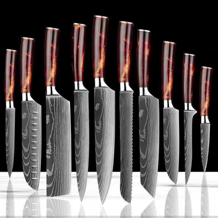 10 sztuk noże kuchenne ze stali nierdzewnej 7CR17 440C laserowy damasceński japoński tasak Santoku narzędzie do krojenia nóż szefa kuchni