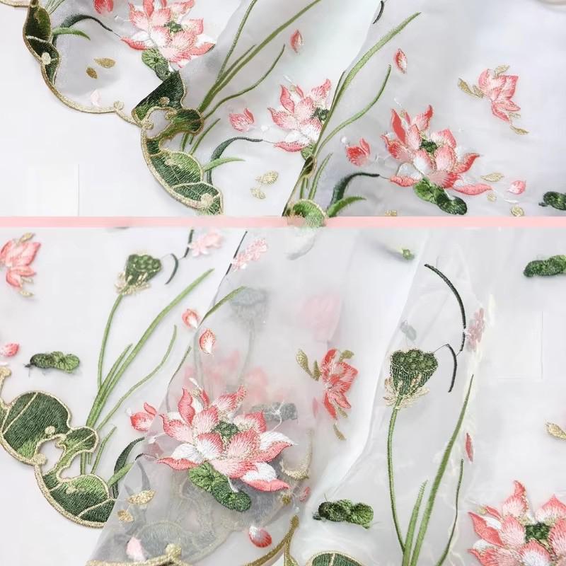 50X45Cm Embroidery Tulle Fabric Lotus Leaf Chiffon Fabric for Sewing Chinese Style Hanfu Dress Edges Lace Fabric Organza Fabric