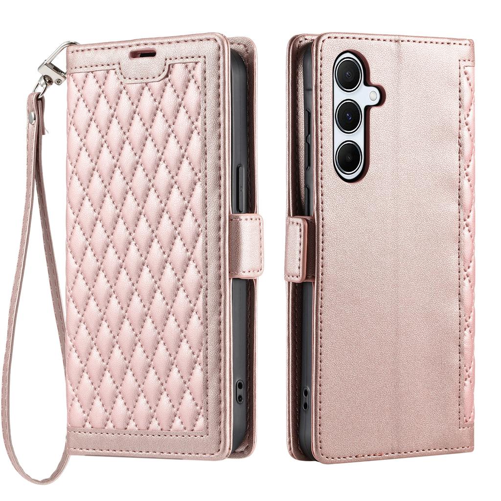 For Samsung Galaxy A17 Leather Case Rhombus Texture Wallet Stand Phone Cover with Wrist Strap