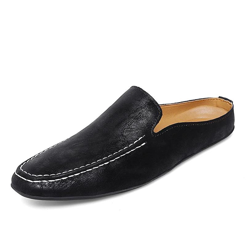 Genuine Leather Men Slippers Slip on Half Mules Summer Casual Shoes Breathable Sandals Lightweight Muller Shoes Comfy Lazy Shoes