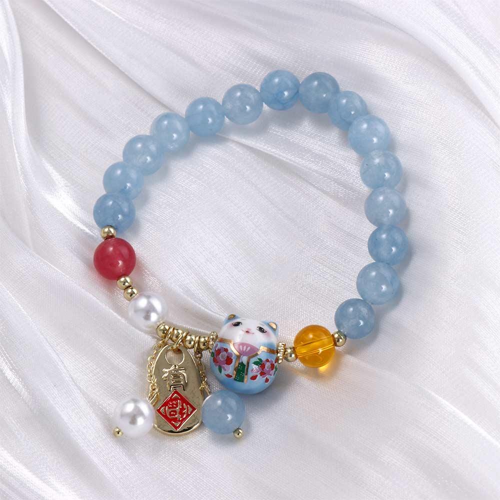 BEPAN 2023 New Pearl Agate Lucky Cat Bracelet for Women  Chinese Style Jade Pendant Simple Wild Elastic Rope Crystal Beads Jewelry