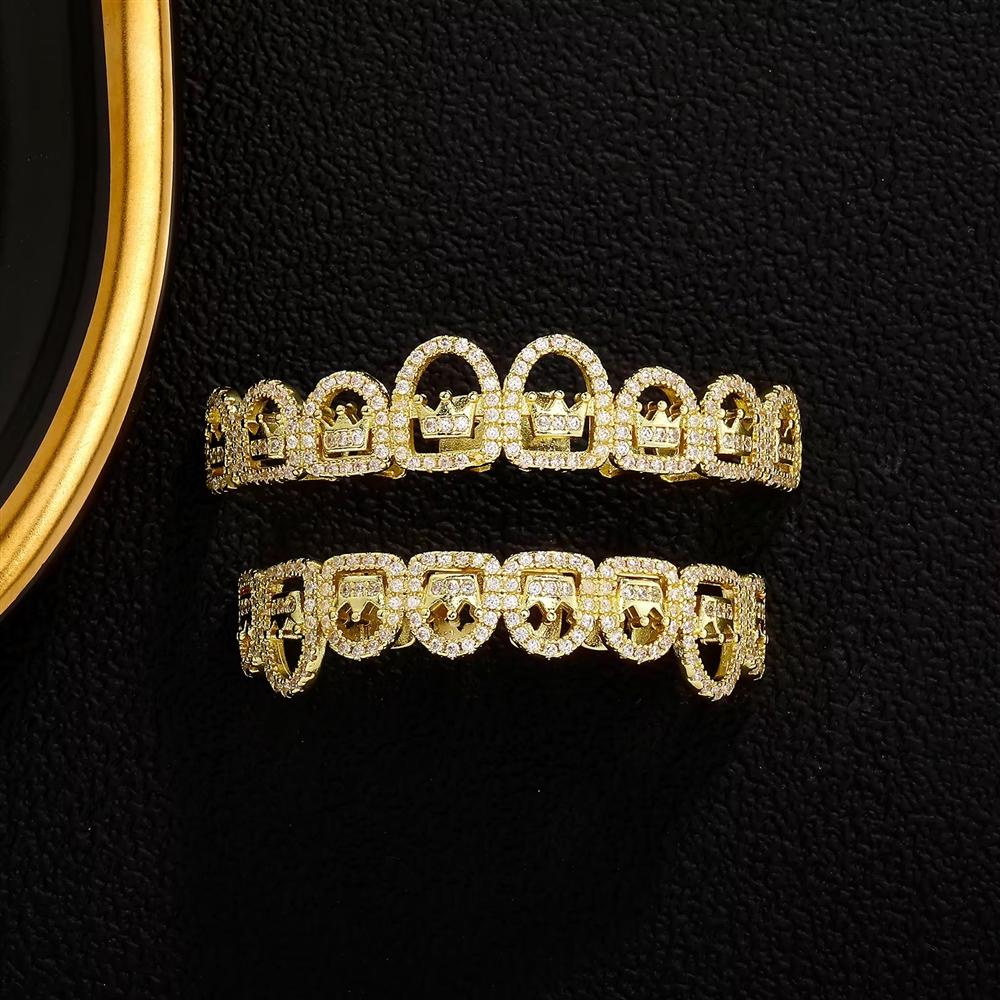 Hip Hop Iced Out Zähne Grillz 18K Gold Plated Grillz Bling Krone 8 Zähne Grillz Form Rapper Körperschmuck Geschenk