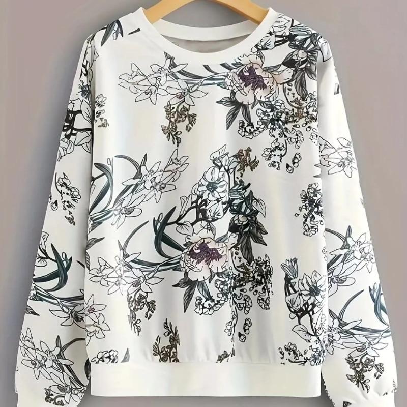 

2025 Свитшот с круглым вырезом, спущенным плечом, цветочным принтом растений, новый стиль, длинный рукав, легкий S белый