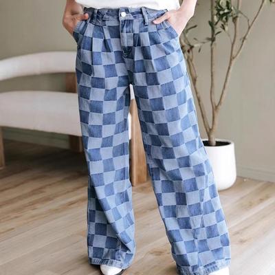 2025 Autumn Women's High Waist Plaid Print Denim Wide-Leg Pants