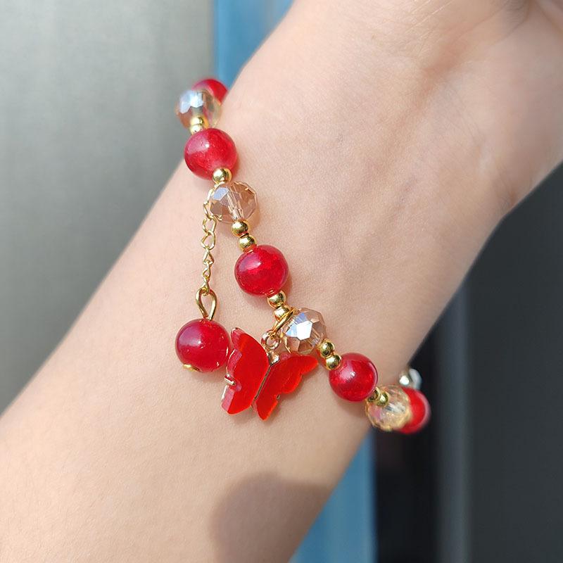 Exquisite Sweet Imitation Jade Butterfly Tassel Pendant Crystal Glass Beaded Bracelets for Women Girl Jewelry Accessories Gift красный