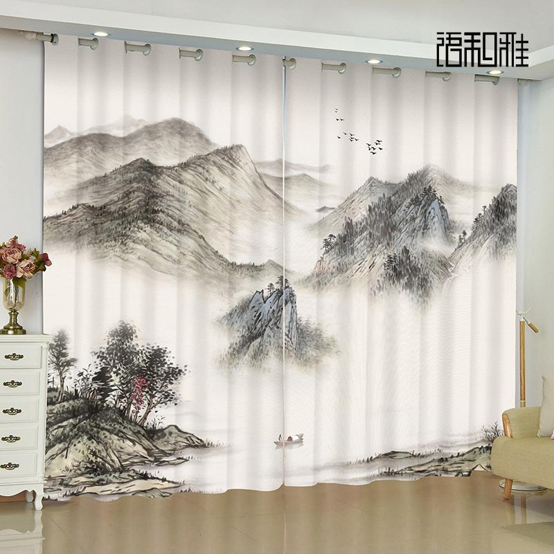 

2 панели на заказ, китайская занавеска с чернилами, пейзаж, персиковая сосна, занавеска с принтом для гостиной, спальни, кухни, прозрачная занавеска (W50H130cm)-2pcs&Grommet Top