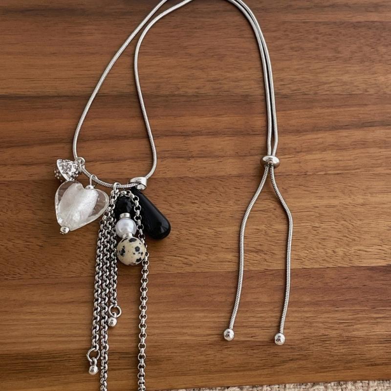 Adjustable Heart Pendant Necklace With Simulated Pearls Tassels Drop For Women French Colored Glaze Agate Stone Jewelry