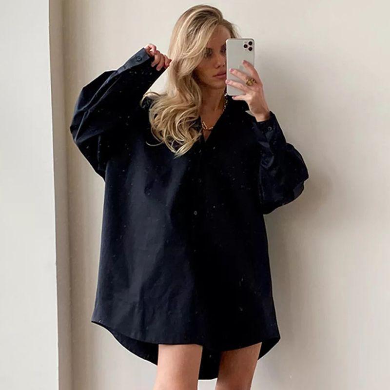 

Однотонное платье с лацканами и длинными рукавами Однотонное платье свободного кроя с длинными рукавами и лацканами Женское Black L