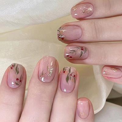 24 Stück Nationaler Stil Akazie Rote Bohne Aufsteck-Nagelkunst Nagel-Folie Nagel-Folie Kurz Frisch Falscher Nagel 24 Stück Aufsteck-Nagel