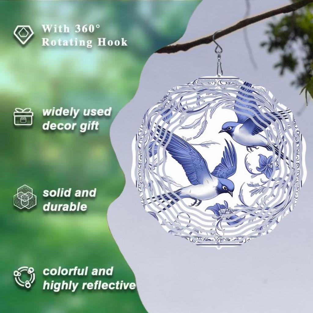 Hand Painted Blue Floral Swallow Wind Chime Outdoor Garden Patio Decor Weatherproof 2D Art with 360 Rotating Hook Holiday Decoration