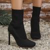 Fashion Women's Sexy Stiletto Heel Sock Boots Solid Color Square Toe Stretch Slip On Booties Woman Super High Heels Knitting Ankle Boots