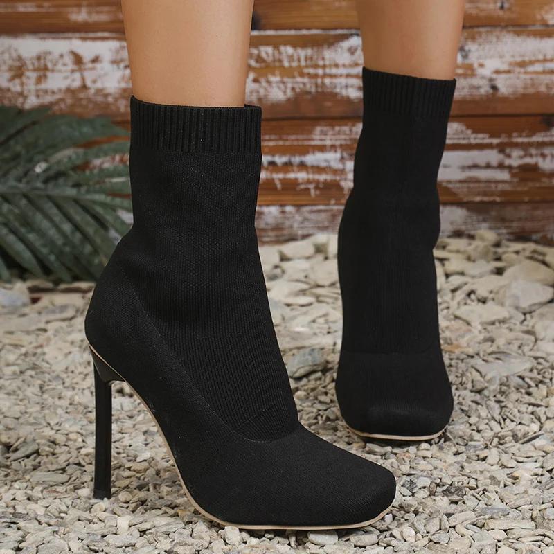 Fashion Women's Sexy Stiletto Heel Sock Boots Solid Color Square Toe Stretch Slip On Booties Woman Super High Heels Knitting Ankle Boots