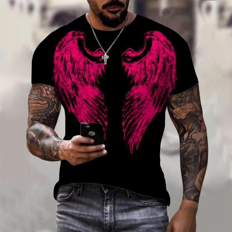 Summer Round Neck 3D Wing Pattern Print Top Fashionable Casual Short Sleeved Men's T-shirts