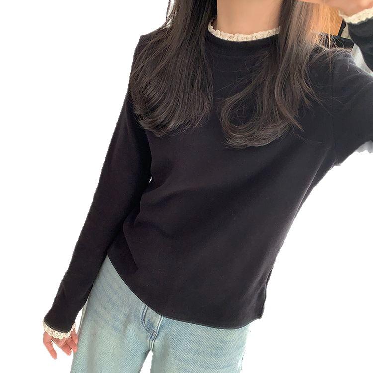 Women's Lace Splice Half-High Collar Base Shirt, Autumn/Winter, De Rong Fleece, Double-Sided Brushed, Slim-Fit, Long-Sleeve Top.