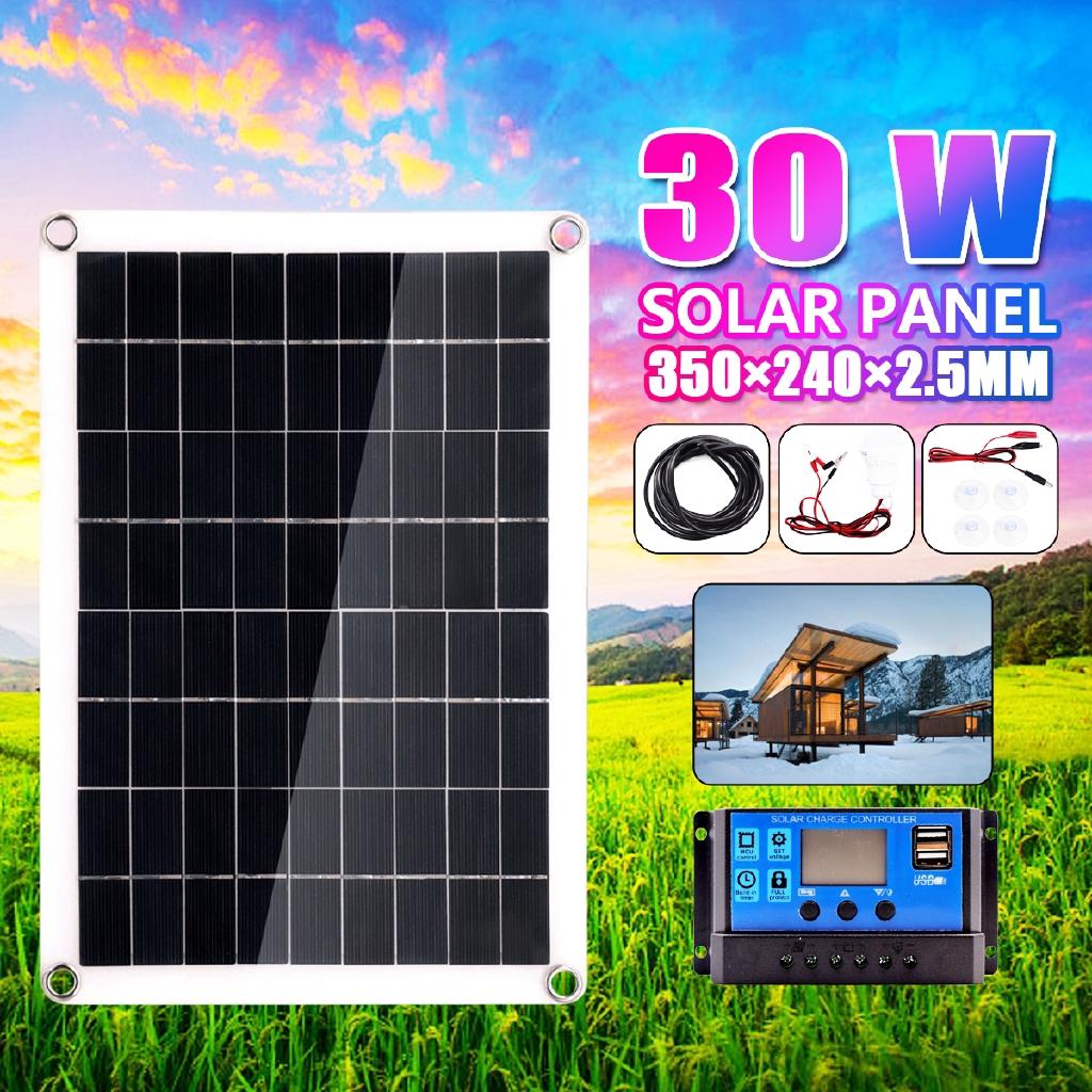 30W Dual USB 18V Solar Panel with 3W LED Lamp + 10A USB Solar Regulator Charger Controller for Car Outdoor Camping Light
