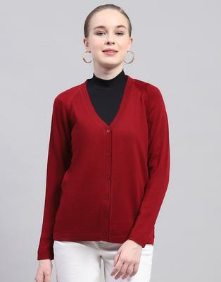 Damen Einfarbiges Kastanienbraunes V-Ausschnitt Langarm Strickjacke