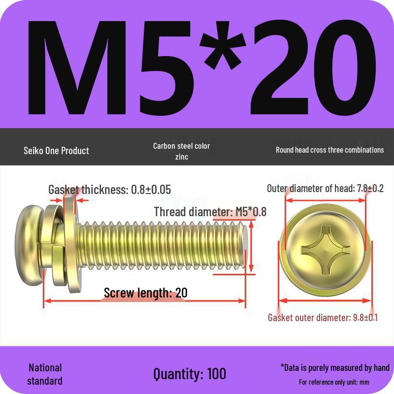 Nickel-Plated Phillips Pan Head Screw with Washer, M2-M6 Thread