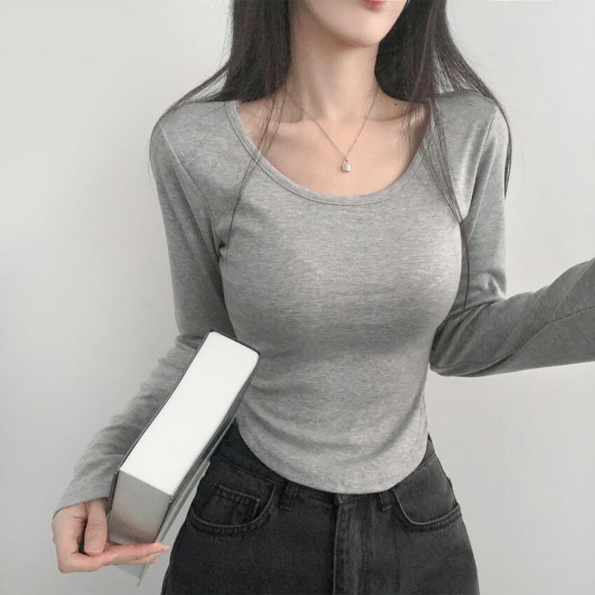 tops Women's Korean Fashion Tops Cut and Sew Long Sleeve Cropped Short Length Slim Stretch Plain Solid Color Affordable Simple Feminine Casual Autumn