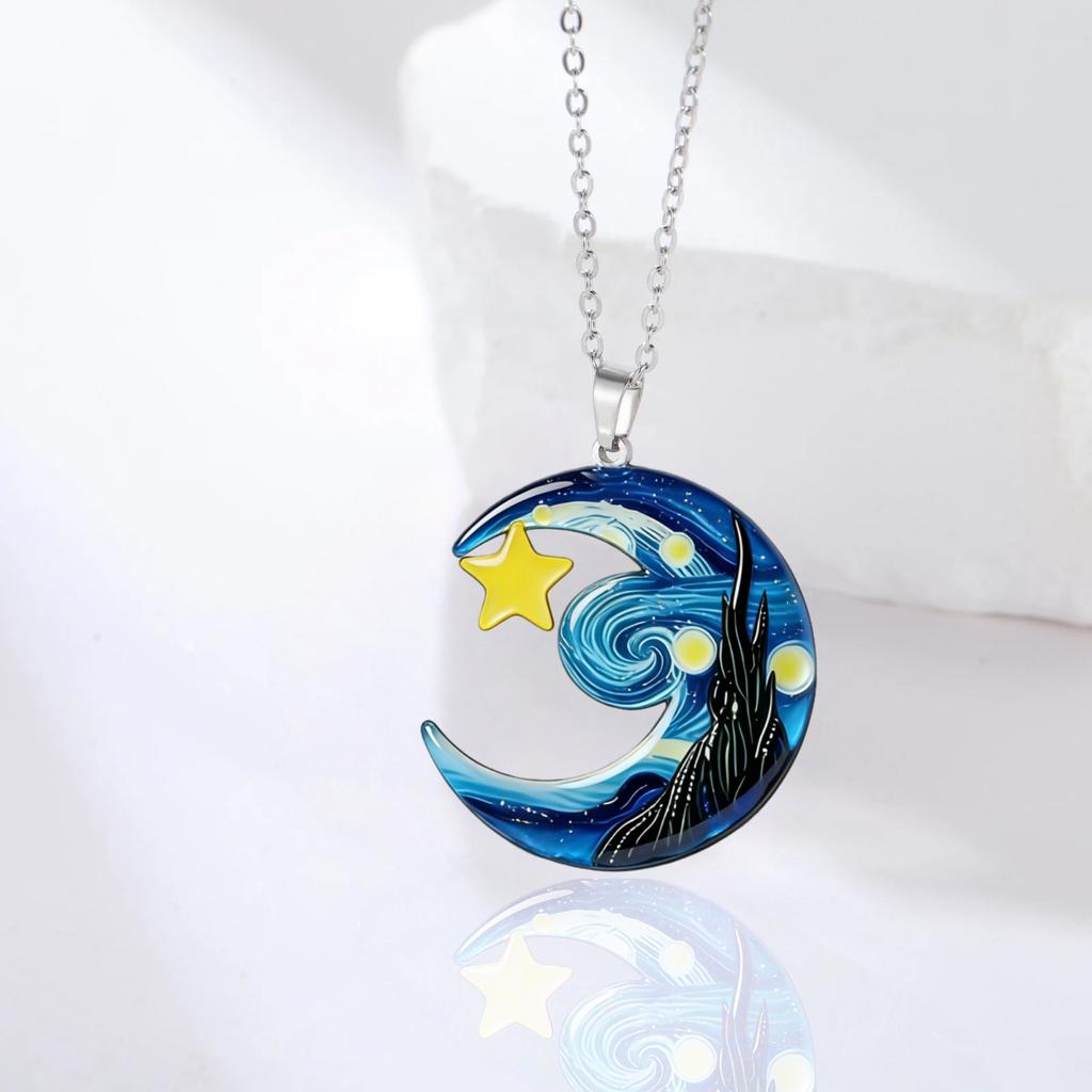 Van Gogh The Starry Night Necklace Star Moon and Black Cat Necklace Asymmetric Night Sky Necklaces For Women Birthday Jewelry
