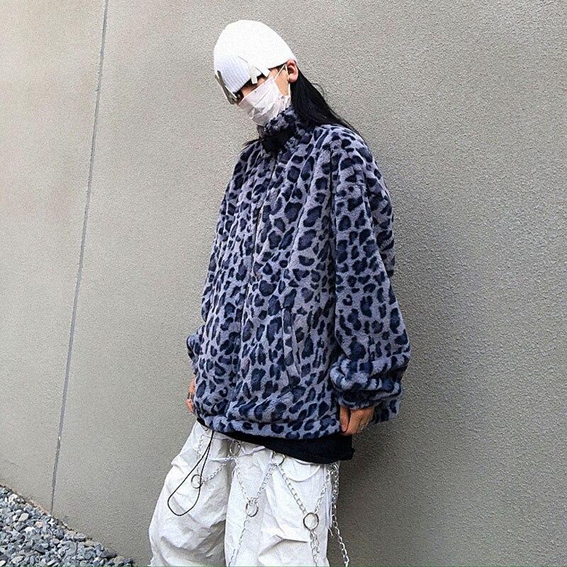 Faux Wollmantel Frauen Winter Blau Leopard Faux Pelzmantel Gepolsterte Jacke Koreanische Lose Plus Samt Street Coat