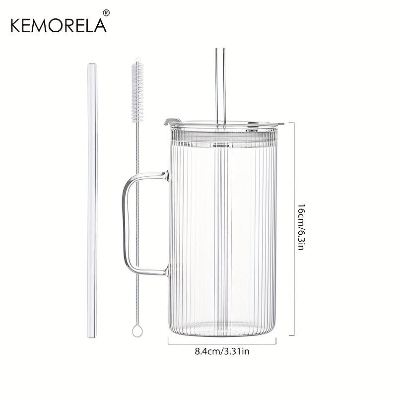 KEMORELA 740ML Large Ribbed Glass Tumbler with Handle and Lid Set of 1/2 Clear Glass Cups with Reusable Straws for Iced Coffee