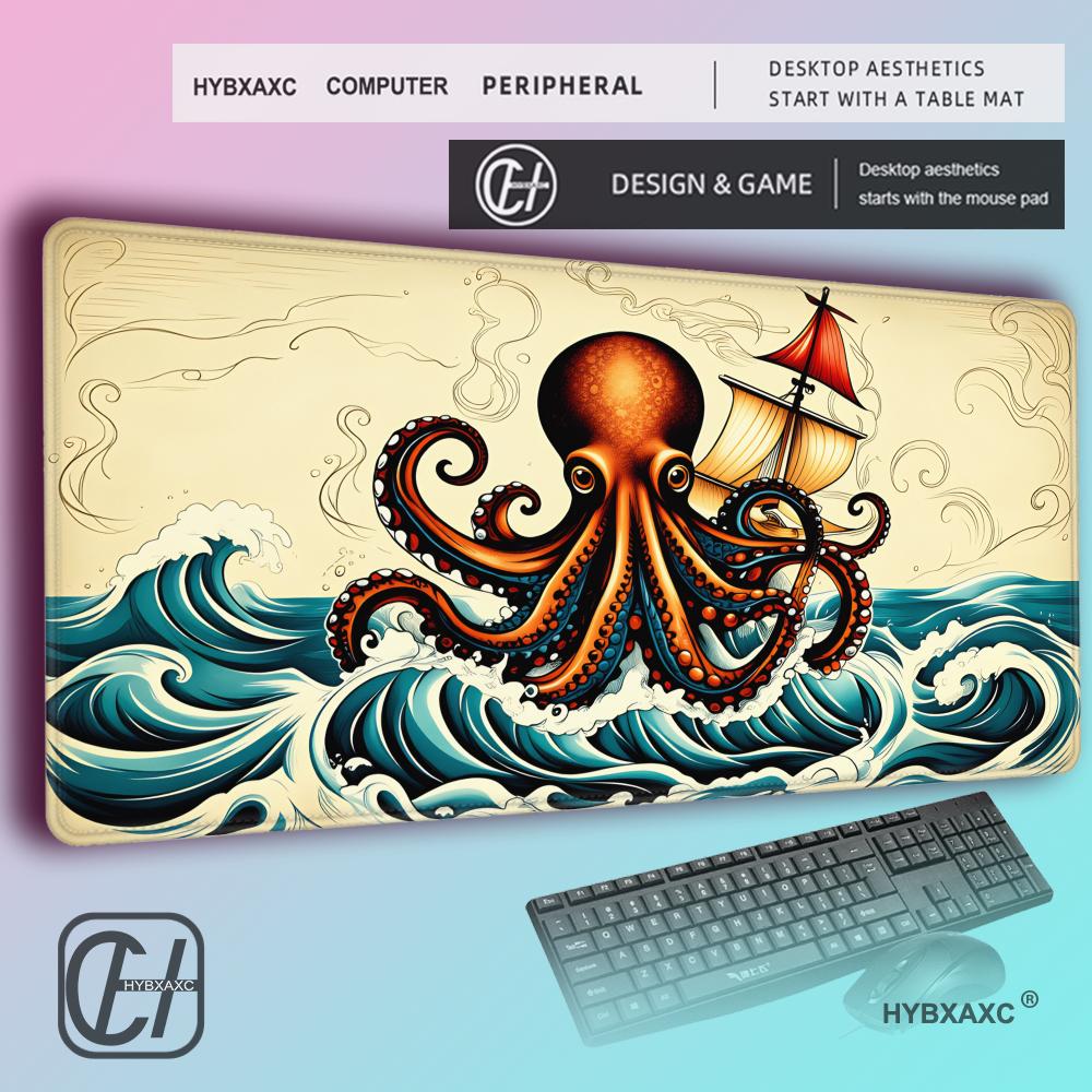 HYBXAXC Vintage Deep Sea Monster Extended Desk Mat Ocean Sea Monster Pattern Gaming MousePad Thick Lockedge Keyboard Mat