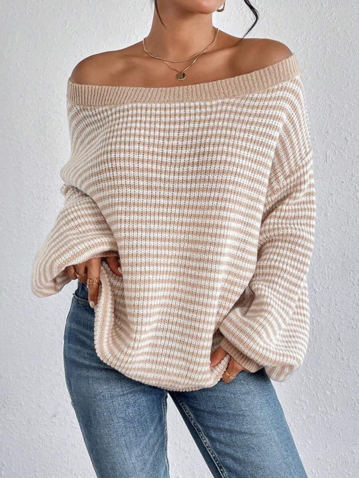 One-word neck knitted sweater versatile loose contrasting color striped lantern sleeve lazy wind sweater women's Europe and America
