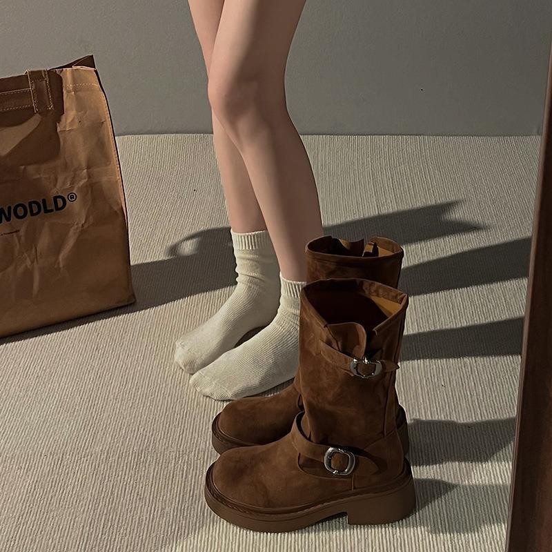 Women's Shoes Platform Martin Boots Women's Autumn and Winter Retro Maillard Metal Buckle Short Cowboy Boots Medium Tube Stack Thin