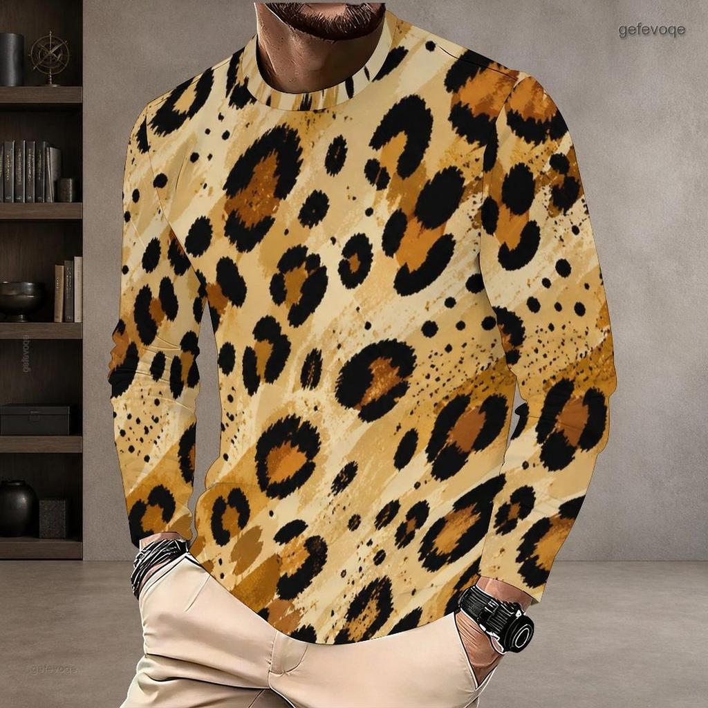 Men s Plus Size Beige Black Brown Leopard Printed Round Neck Long Sleeve Pullover T Shirt